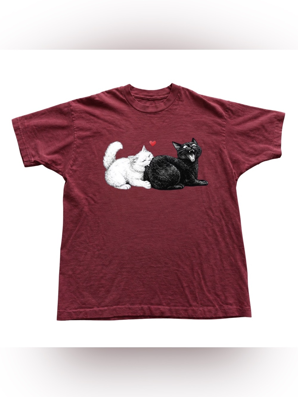 Antique CherryRed Burgundy Tee with White and Black Cat Graphic